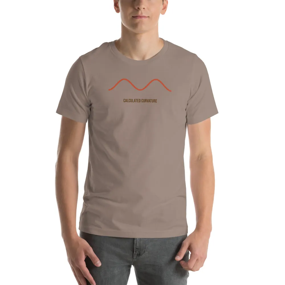 Calculated Curvature Tee, Pebble, worn, front, reads “Calculated Curvature”