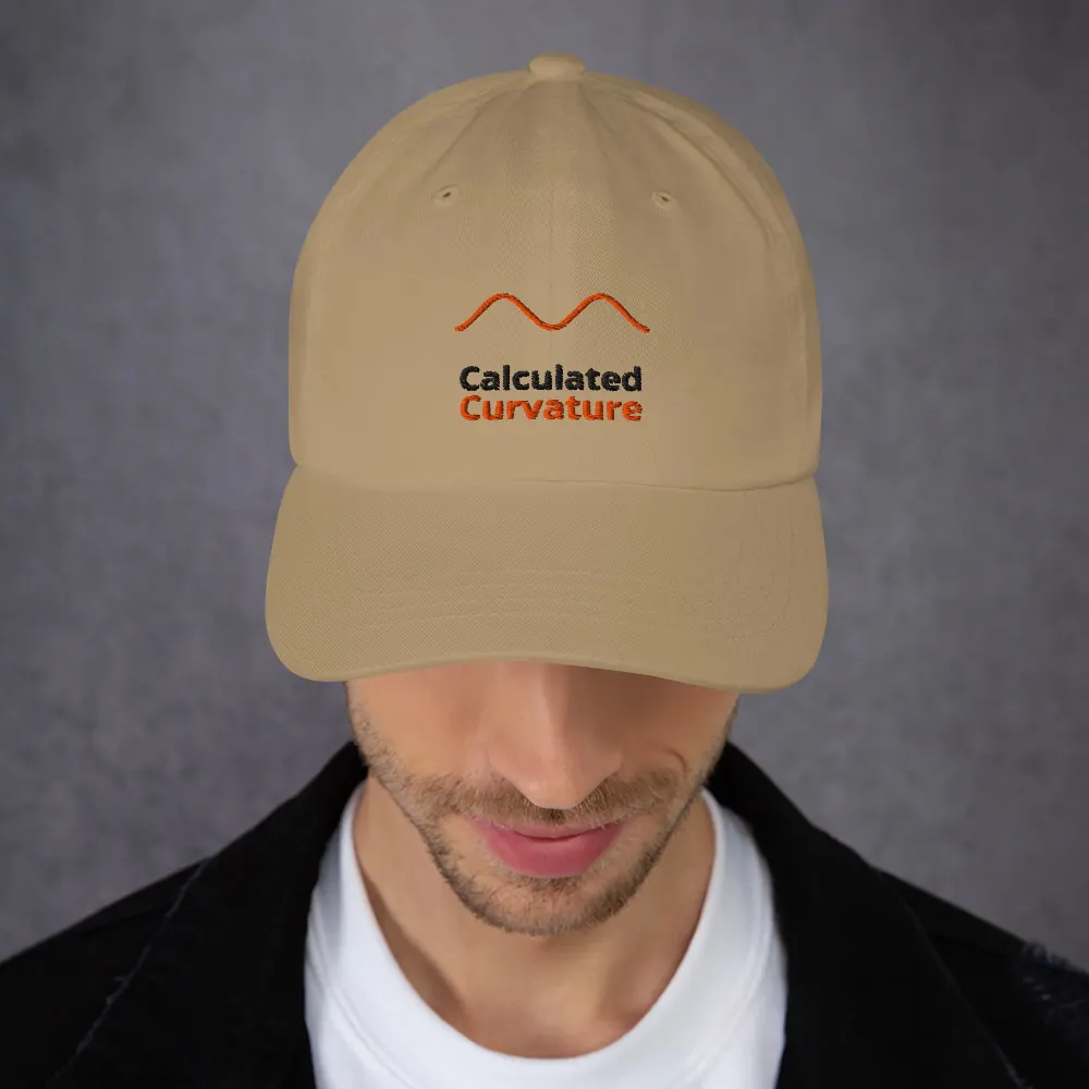 Calculated Curvature Cap, Khaki, worn, front, reads “Calculated Curvature”