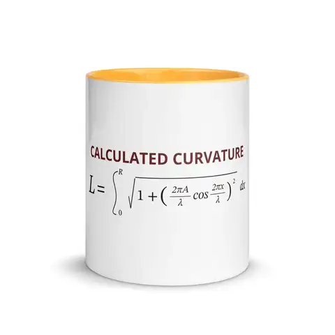 Calculated Curvature Ceramic Mug, Golden Yellow, front, reads “Calculated Curvature” and the arc-length formula