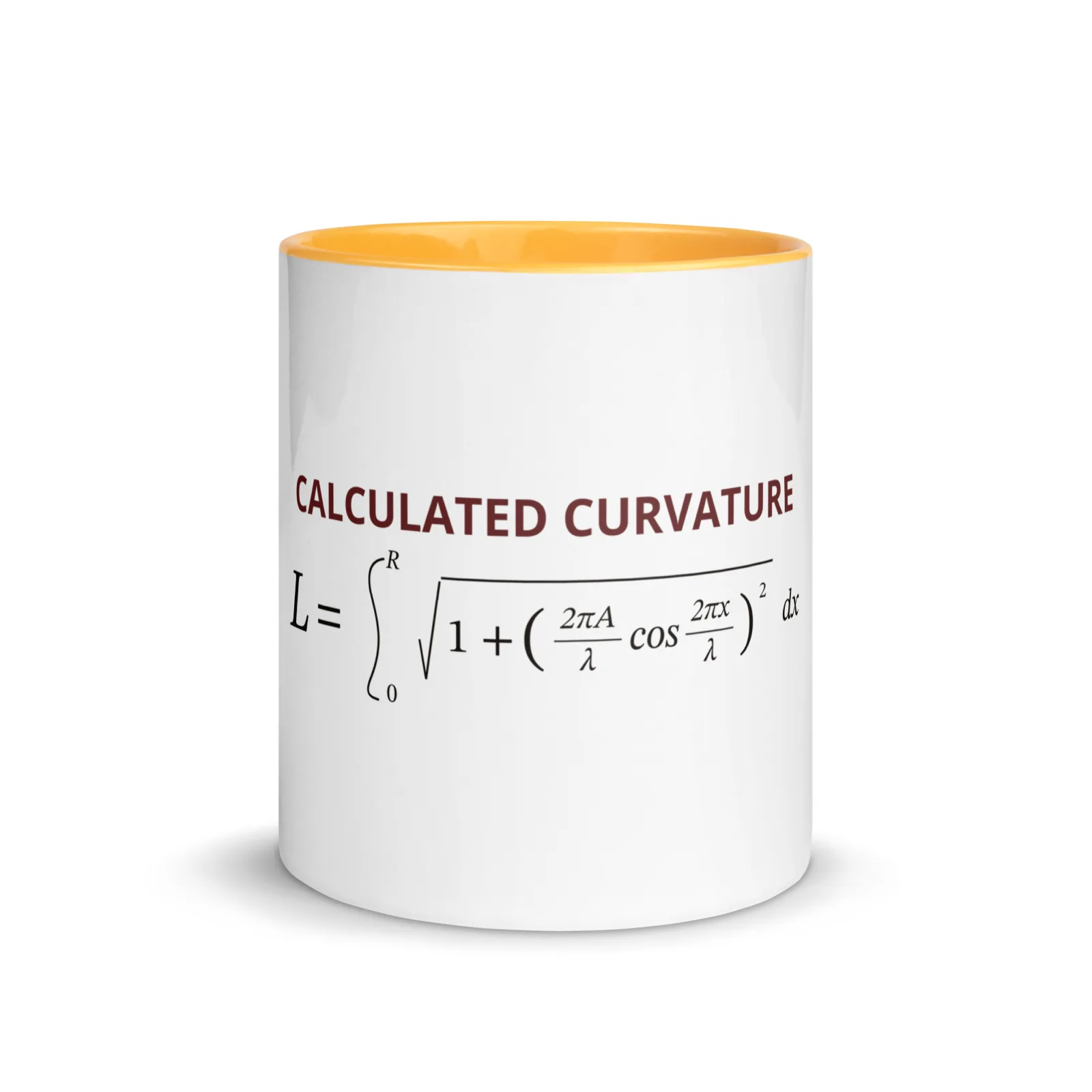 Calculated Curvature Ceramic Mug, Golden Yellow, front, reads “Calculated Curvature” and the arc-length formula