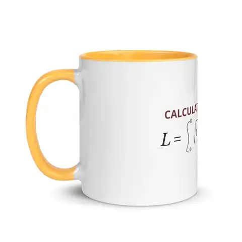 Calculated Curvature Ceramic Mug, Golden Yellow, side, reads “Calculated Curvature” and the arc-length formula